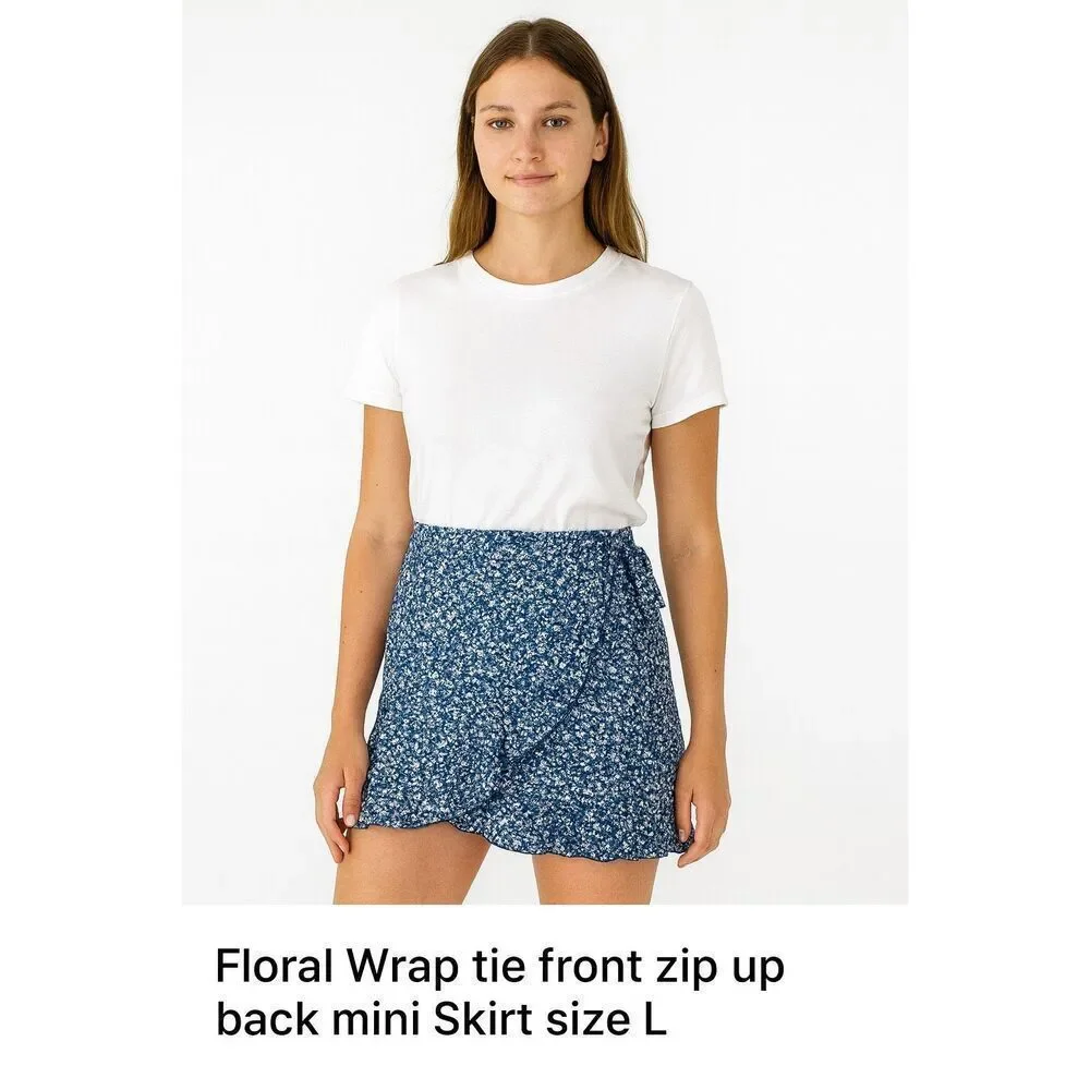NWT Zaful blue and white Floral Wrap tie front zip up back mini Skirt size L